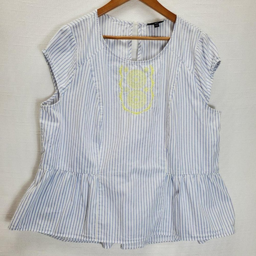 Lane Bryant Peplum Top Womens Sz 18/20 (2x) Pin Stripe Embroidered Cap Sleeve